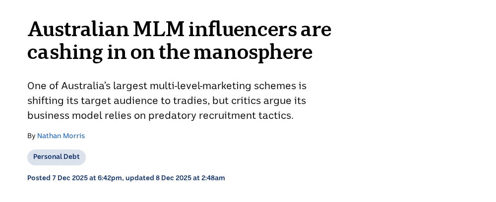 Screenshot of the ABC News article Australian MLM influencers are cashing in on the manosphere, showing its headline, summary, author Nathan Morris and publication details