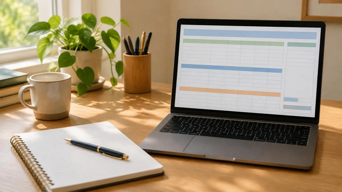 A notebook and a laptop with a blank budget spreadsheet on a desk