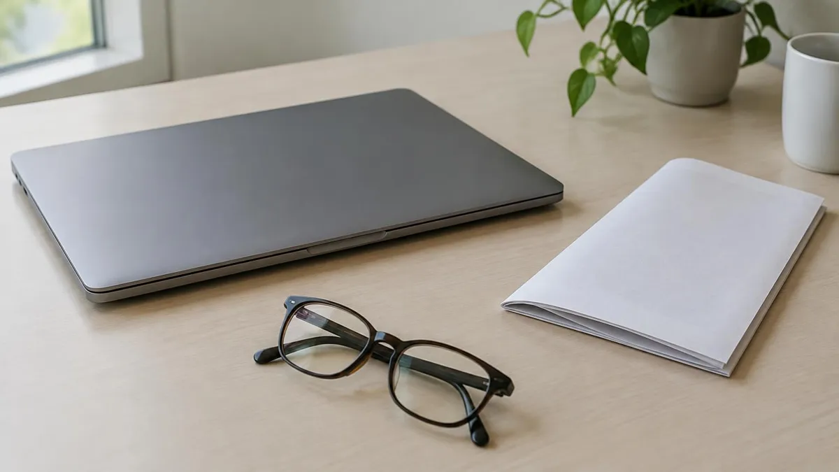 A closed laptop, a folded document and reading glasses on a desk
